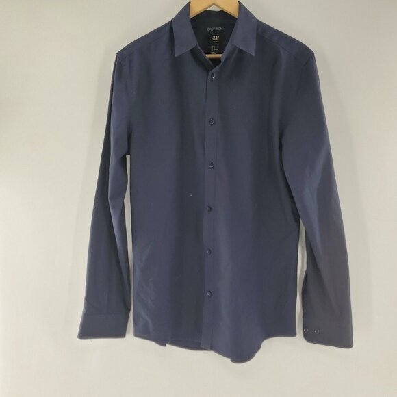 H&M Slim Fit Mans Long Sleeve‎ Button Up Blue Shirt M  Polyester& Cotton - Picture 1 of 5